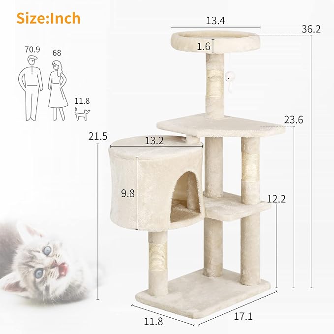 BestPet | 36" Cat Tree Tower | Beige | Sturdy Multi-Level Cat Tree - Image 8