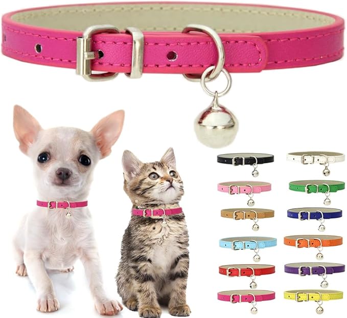 Hot Pink Puppy Collar with Bell, Soft Pu Leather Cat Collars Adjustable Buckle by Weimostar