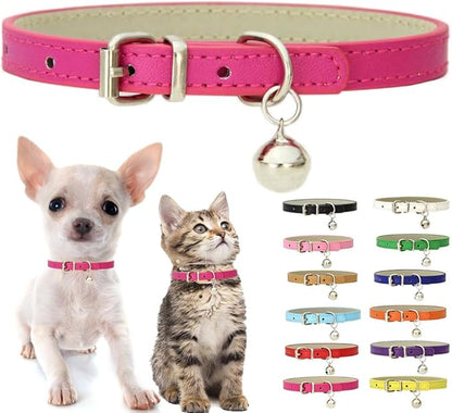 Hot Pink XS Dog Collar with Bell, Soft Pu Leather Cat Collars Adjustable Buckle by Weimostar