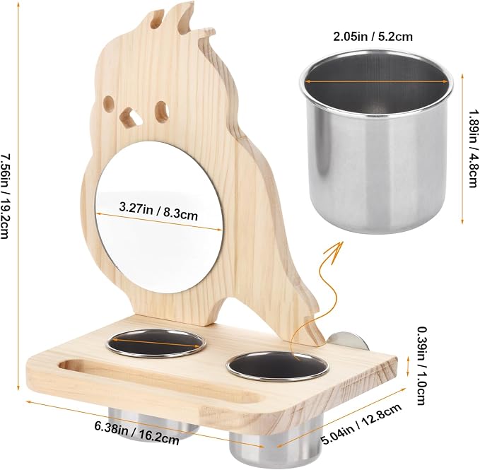 Feeder with Acrylic Mirror & Stainless Steel Bowls, Natural Wood Perch - Image 5