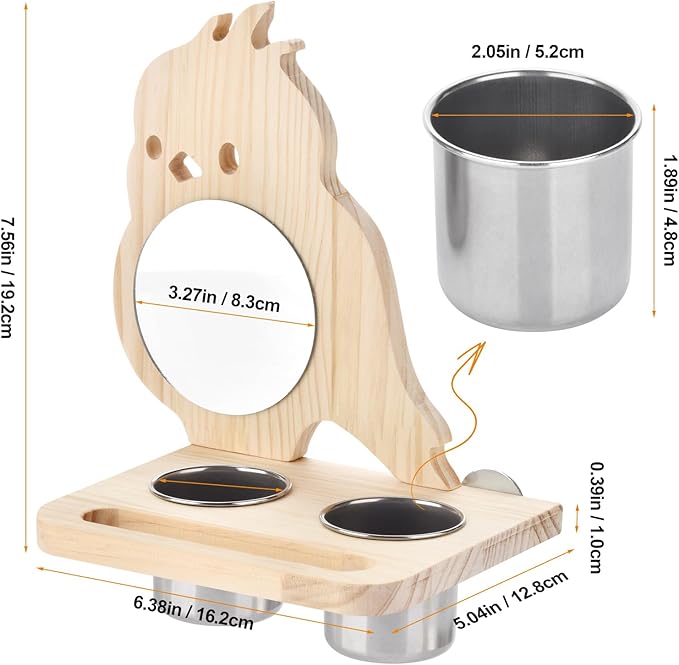 Feeder with Acrylic Mirror & Stainless Steel Bowls, Natural Wood Perch - Image 5