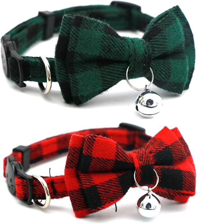 2-Pack Plaid Cat Collar with Bell and Bow, Breakaway Kitten Collar with Bell by YOUALSO