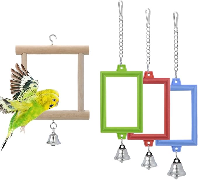 4 PCS Bird Mirror with Bell Parrot Hanging Interactive Playing Toy by Wontee