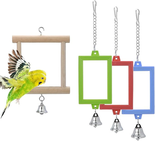 4 PCS Bird Mirror with Bell Parrot Hanging Interactive Playing Toy by Wontee