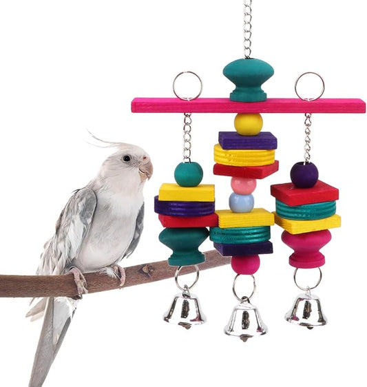 Hypeety Parrot Hanging Swing Bells Chew Toy Colorful Hanging Wood Block Natural by Hypeety