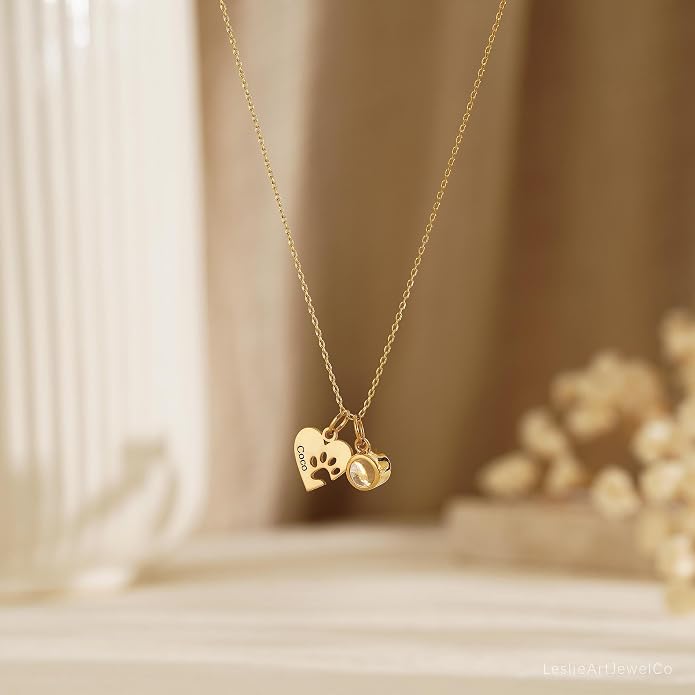 Personalized Cute Dog Cat Paw Name Necklace Forever Love Custom Heart Pendant - Image 2