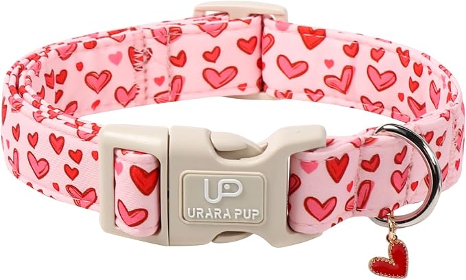 Valentine's Dog Collar, UP URARA PUP Pink Heart in Red Adjustable Pet Collar by UPURARAPUP
