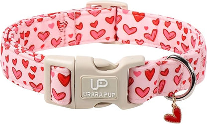 Valentine's Dog Collar, UP URARA PUP Pink Heart in Red Adjustable Pet Collar by UPURARAPUP