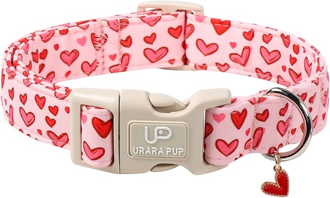 Valentine's Dog Collar, UP URARA PUP Pink Heart in Red Adjustable Pet Collar by UPURARAPUP