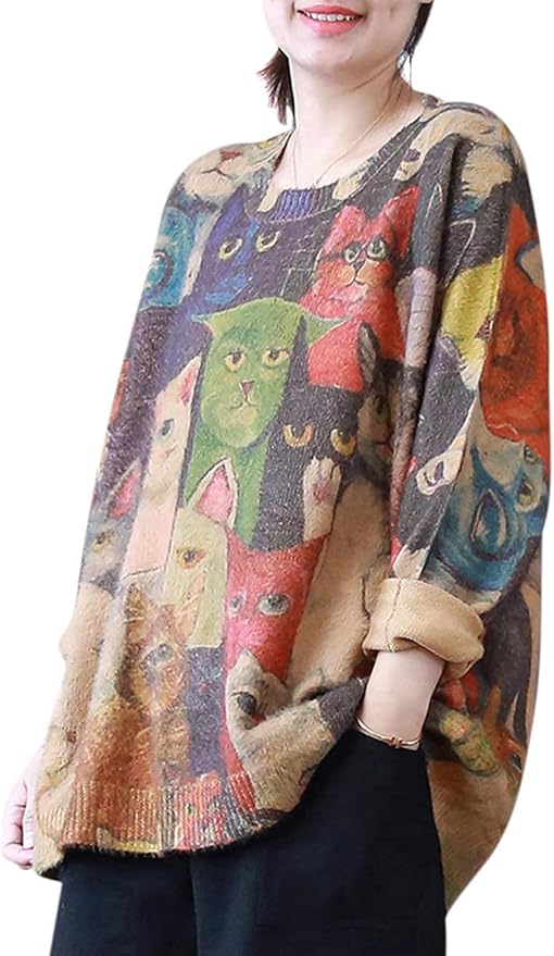 YESNO Women Christmas Sweater Graphic Printed Oversized Pullover Sweaters by YESNO