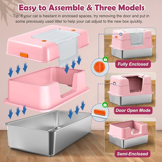 Vivifying Pink Stainless Steel Covered Cat Litter Box – Odor-Control, - Image 3