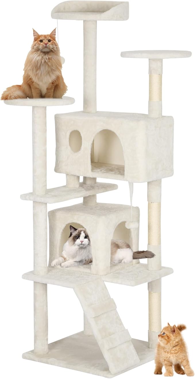BestPet | 62" Cat Tree Tower | Beige | Sturdy, Hanging Cat Toys, Observation by BestPet