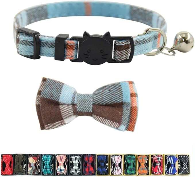 Cat Collar Breakaway with Bell and Bow Tie, Plaid Design Adjustable Safety by Ximipet