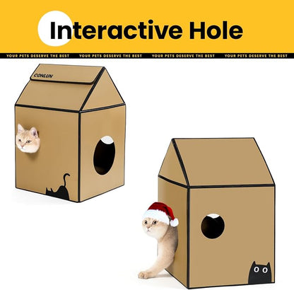 Cardboard Cat House with Scratch Pad & Catnip, Cat Play Scratching House - Image 3