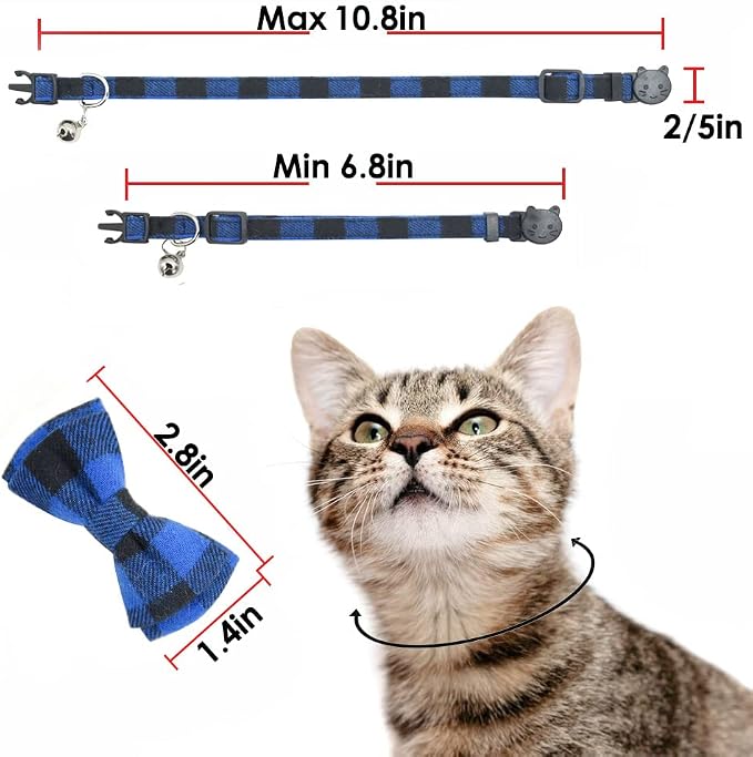Cat Collar Breakaway with Bell and Bow Tie, Plaid Design Adjustable Safety - Image 7
