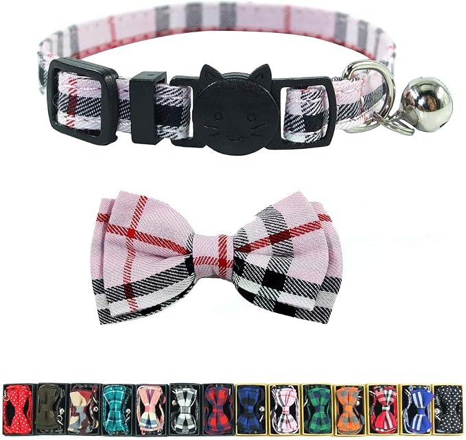 Cat Collar Breakaway with Bell and Bow Tie, Plaid Design Adjustable Safety by Ximipet