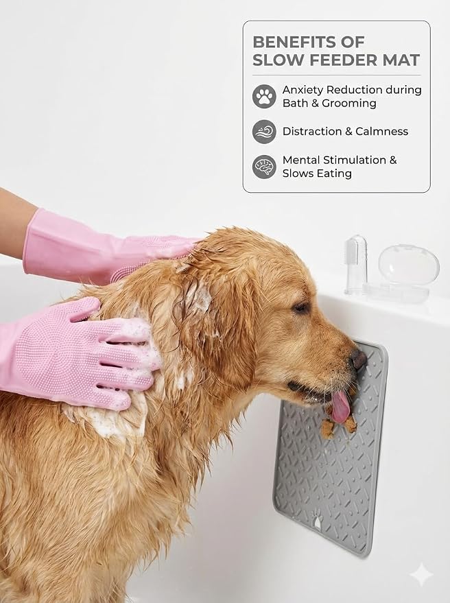 3-in-1 Stress-Free Dog Bathing Kit – Silicone Grooming Gloves, Suction Lick Mat - Image 3
