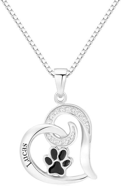 Personalized Cute Dog Cat Paw Name Necklace Forever Love Custom Heart Pendant by RESVIVI