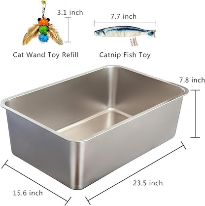 XXL Stainless Steel Cat Litter Box, Includes Catnip Fish Toy & Wand Feather Toy - Image 2