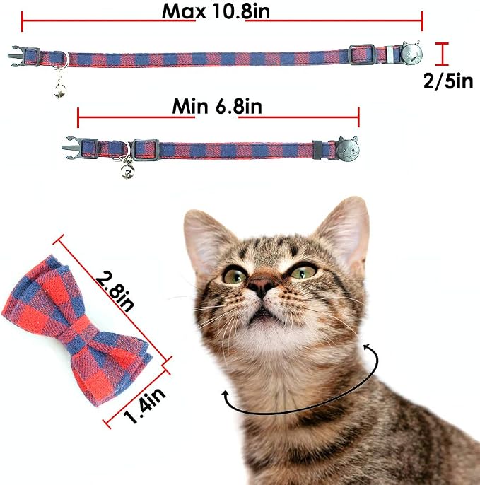 Cat Collar Breakaway with Bell and Bow Tie, Plaid Design Adjustable Safety - Image 7