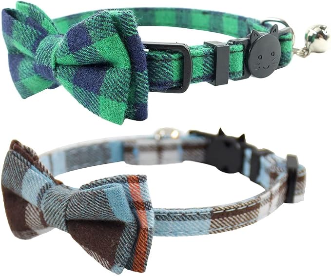 Cat Collar Breakaway with Bell and Bow Tie, Plaid Design Adjustable Safety by Ximipet