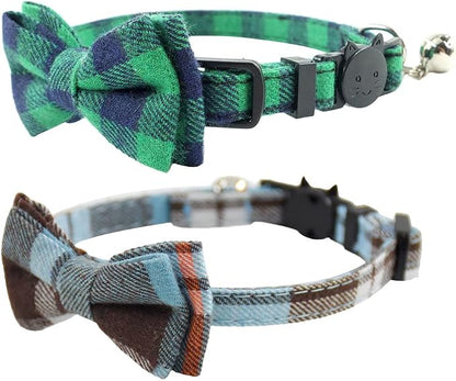 Cat Collar Breakaway with Bell and Bow Tie, Plaid Design Adjustable Safety by Ximipet