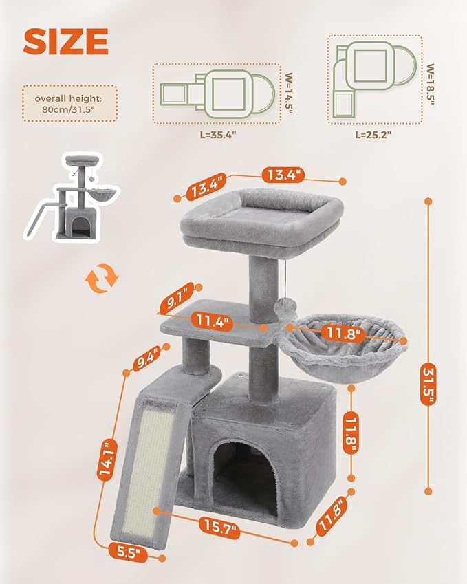 PETEPELA Small Cat Tree for Indoor Cats, Cozy Hammock and Removable Top Bed - Image 4