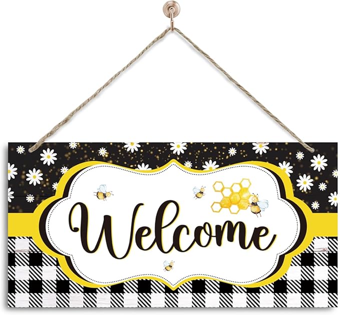 Daisy and Bee Welcome Sign, Rustic Daisy Summer Welcome Sign by corner+wind