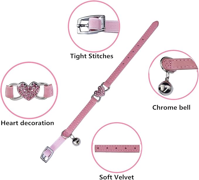 Heart Bling Cat Collar with Safety Belt and Bell Adjustable 8-10 inches - Image 3