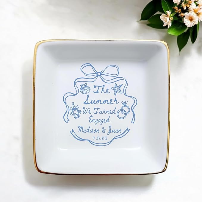 Personalized Ring Dish Engagement Gift, Whimsical Doodle Engaged Ring Holder - Image 2