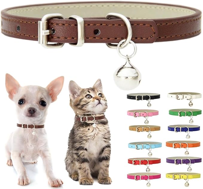 Brown XS Dog Collar with Bell, Soft Pu Leather Cat Collars Adjustable Buckle by Weimostar