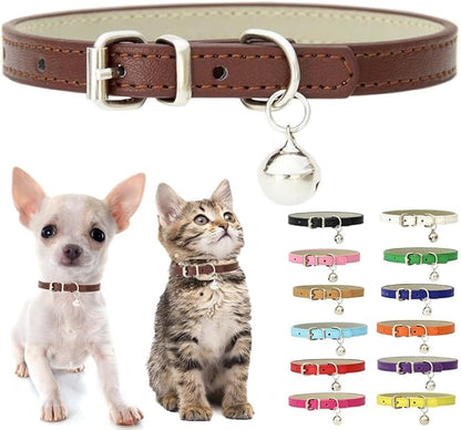Brown XS Dog Collar with Bell, Soft Pu Leather Cat Collars Adjustable Buckle by Weimostar