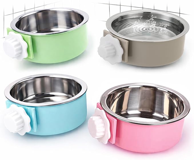 4 Pieces Crate Dog Bowl, Removable Stainless Steel Pet Kennel Hanging Food by Mechpia
