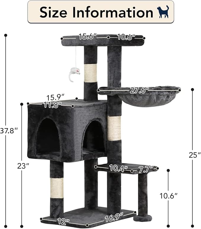 BestPet | 37" Cat Tree Tower | Light Gray | Sturdy Multi-Level Cat Tree - Image 7