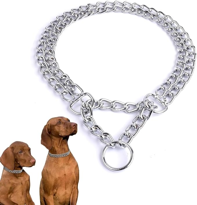 Silver Dog Choker Collar, 2 Rows Stainless Steel Dog Chain Cuban Link Metal by Unknown