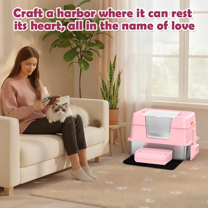 Vivifying Pink Stainless Steel Covered Cat Litter Box – Odor-Control, - Image 5
