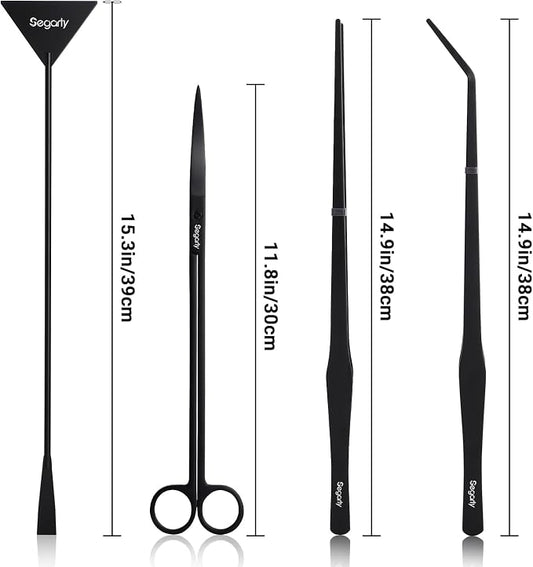 Segarty Longer Aquarium Aquascaping Tools, 4 in 1 Stainless Steel Black - Image 2