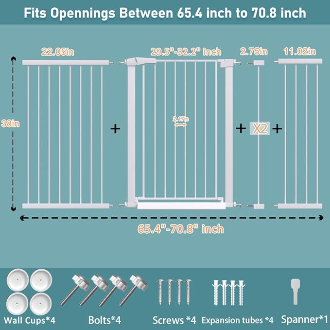 Fairy Baby 38" Extra Tall Baby Gate, 65.4"-70.8" Extra Wide Long Pet Gate - Image 2
