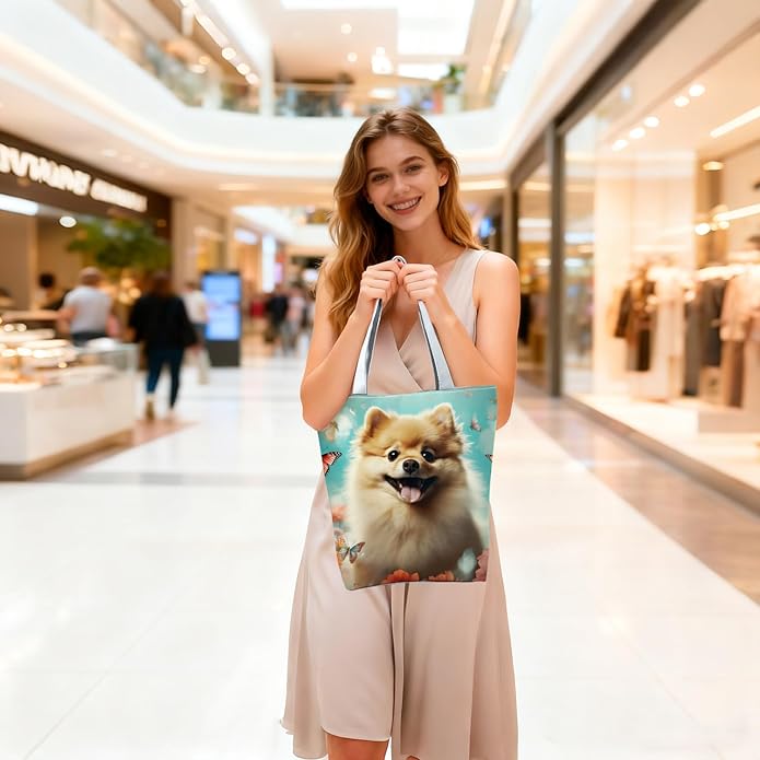Cute Dog with Butterfly and Floral Design Tote Bag with Zipper Closure Outdoor - Image 2