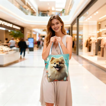 Cute Dog with Butterfly and Floral Design Tote Bag with Zipper Closure Outdoor - Image 2