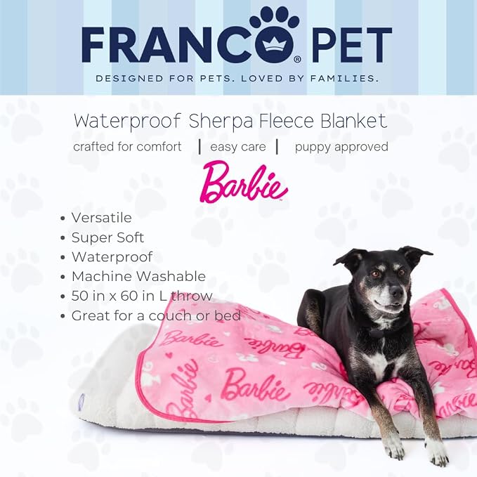 Franco Pet Barbie Super Soft Cozy Waterproof Sherpa-Backed Blanket Throw - Image 2
