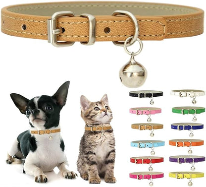 Khaki Puppy Collar with Bell, Soft Pu Leather Cat Collars Adjustable Buckle by Weimostar