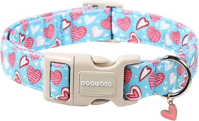 DOGWONG Blue Heart Dog Collar, Cute Valentine Collar, Valentine's Day Dog Collar by DOGWONG