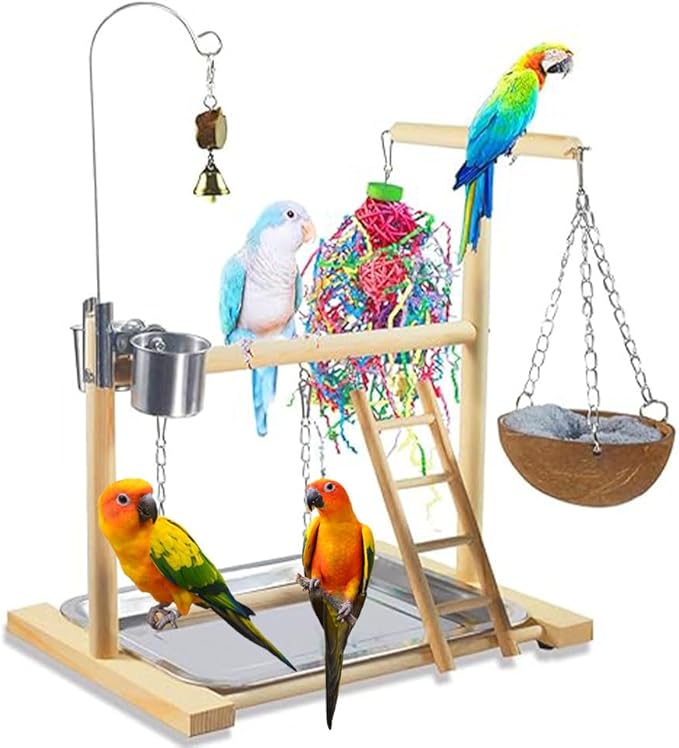 Bird Stand Fun Straw Bell Toys, Parrot Wooden Platform Stand by DbeansFlourithing