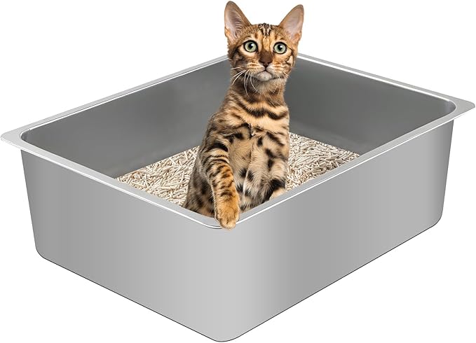 Stainless Steel Cat Litter Box, Metal High Sided Kitty Large Litter Box Pan by Unknown