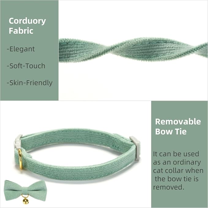 Soft Corduroy Cat Collar with Bell and Bowtie, Safety Breakaway Clasp, - Image 4