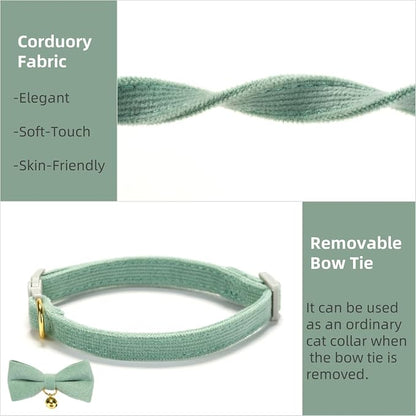 Soft Corduroy Cat Collar with Bell and Bowtie, Safety Breakaway Clasp, - Image 4