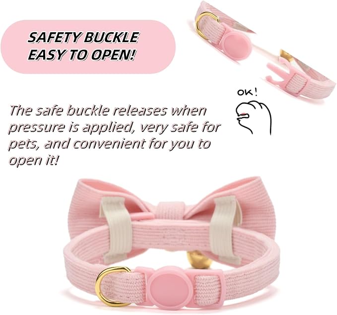 Soft Corduroy Cat Collar with Bell and Bowtie, Safety Breakaway Clasp, - Image 3