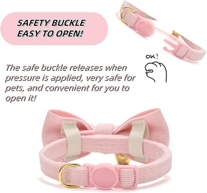Soft Corduroy Cat Collar with Bell and Bowtie, Safety Breakaway Clasp, - Image 3