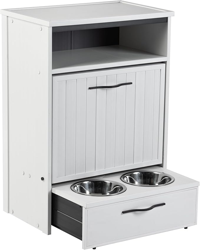 New Age Pet ECOFLEX Brea Dog Food Pantry in Antique White, Two 32 oz Bowls by NewAgePet